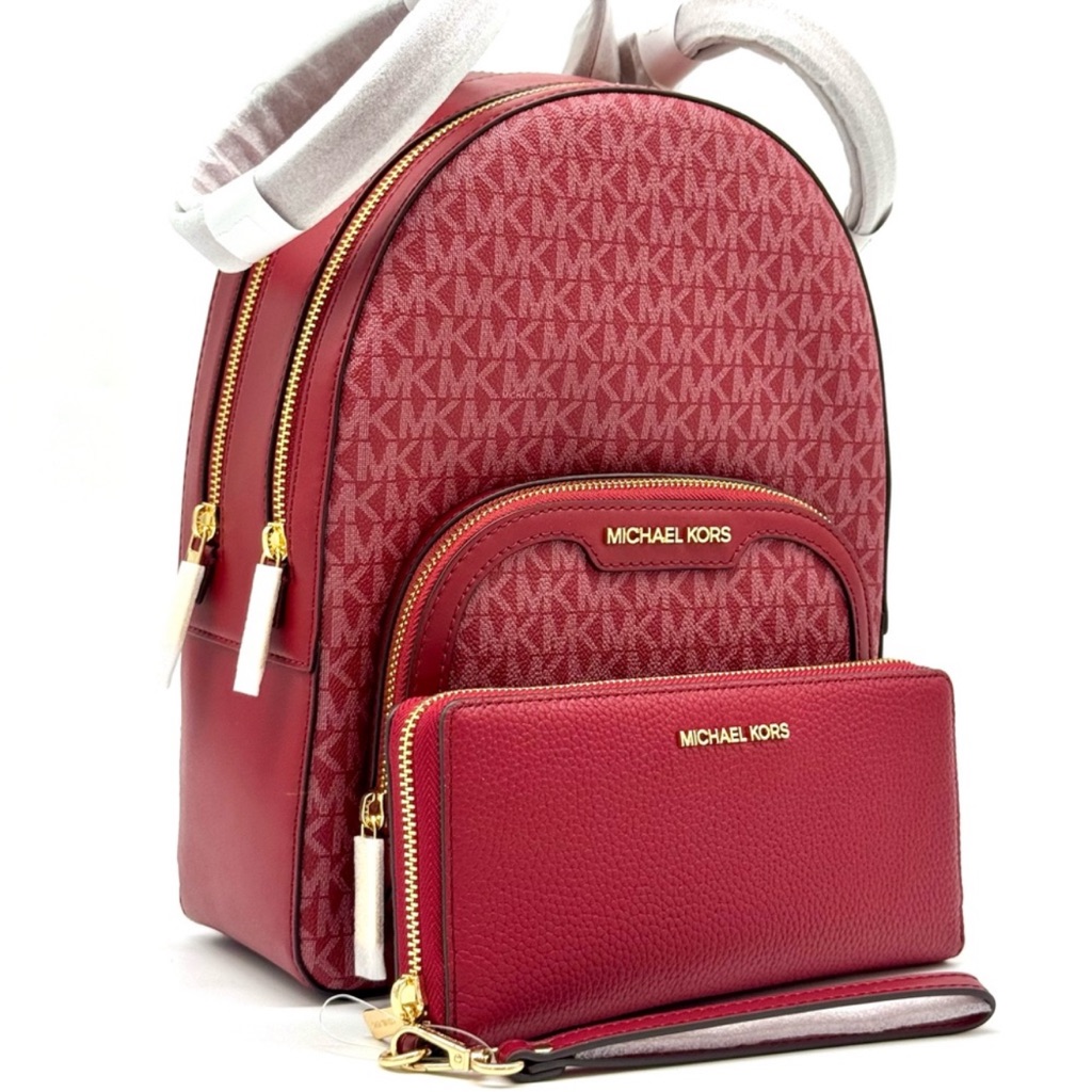 Michael Kors Jaycee Medium Logo Backpack & Matching Continental Wallet Cherry